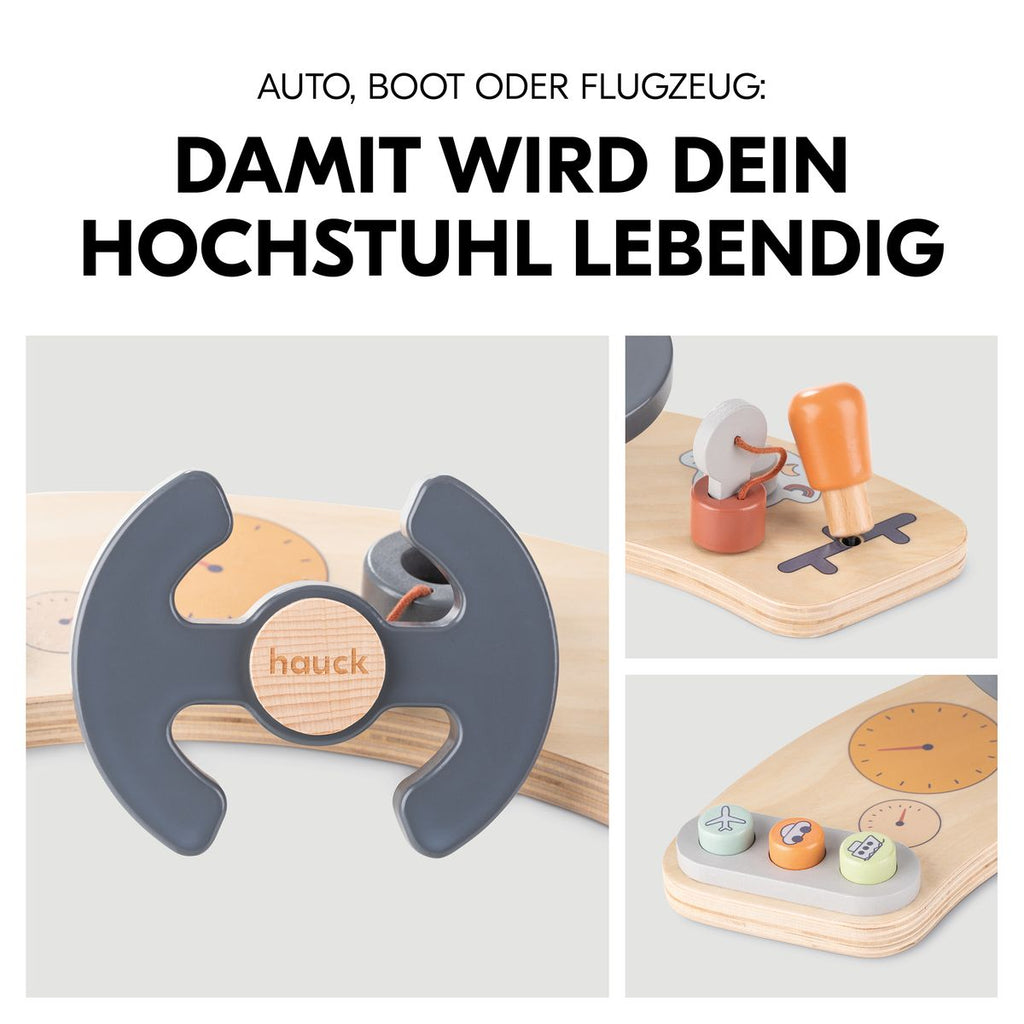 Motorikkbrett Play Cockpit i tre for barnestol detalj av girspak