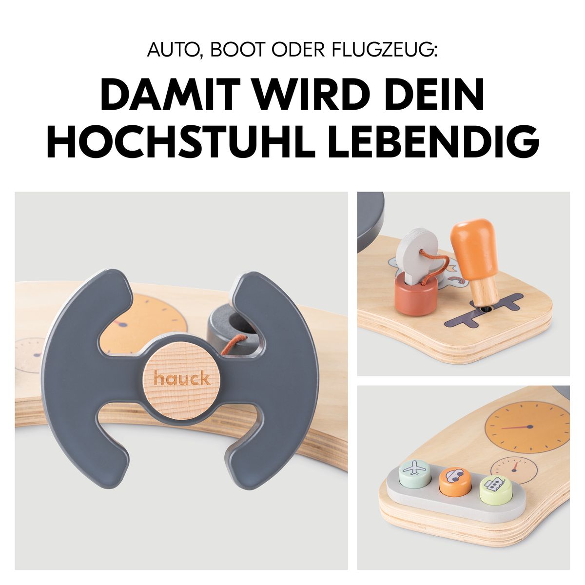Motorikkbrett Play Cockpit i tre for barnestol detalj av girspak
