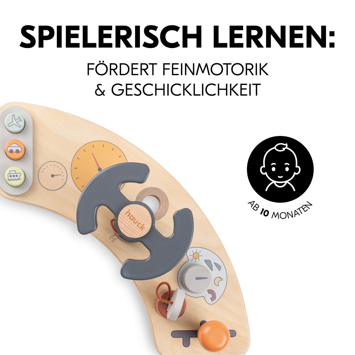 Motorikkbrett Play Cockpit i tre for barnestol montert på stol