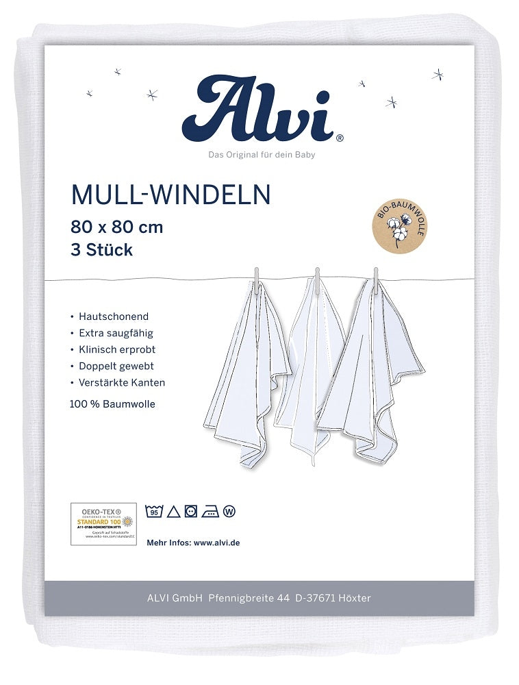 Mullbleier 3-pack økologisk bomull 80x80 cm hvit forfra