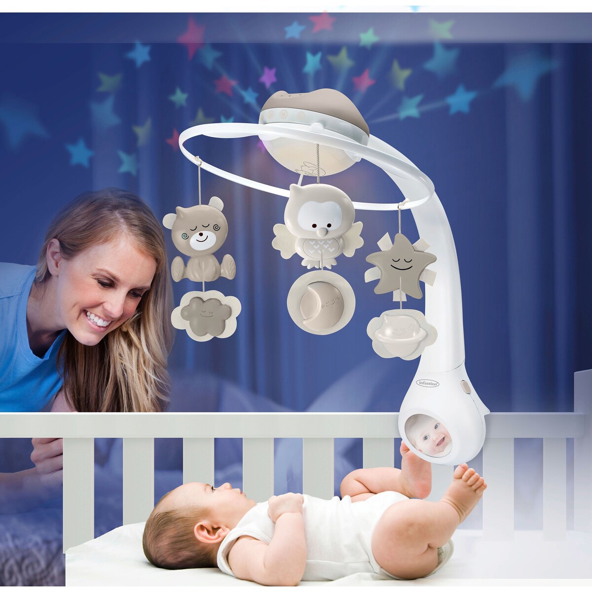 Musikk-uro 3-i-1 med takprojektor og nattlys fra fødsel bakside