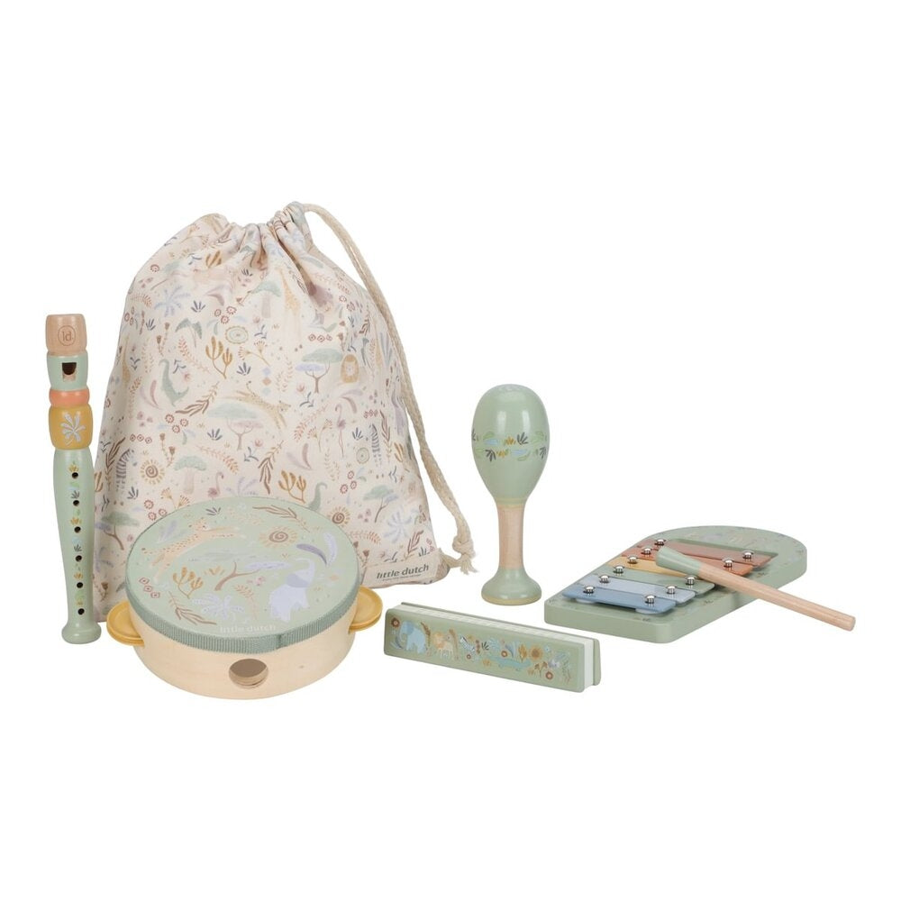 Alle fem instrumenter i Musikksett Safari Friends 5 instrumenter i tre - Little Dutch samlet