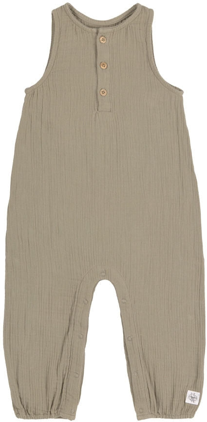 Muslin jumpsuit i økologisk bomull GOTS str 62 68 olive forfra