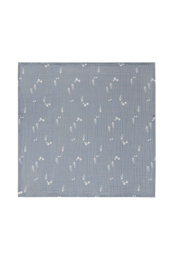 Musselinklut firlagig 70x70 cm Blue Fish økologisk bomull forfra