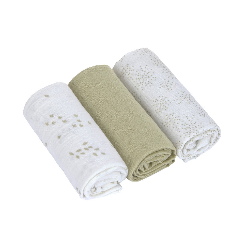 Musselinkluter 3-pack 60x60 cm økologisk bomull oliven forfra