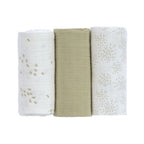 Nærbilde av stoff på Musselinkluter 3-pack 60x60 cm økologisk bomull oliven