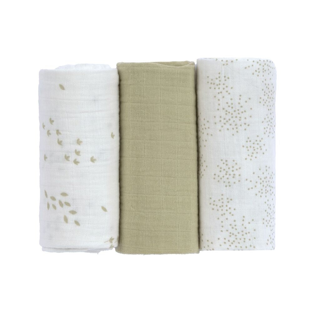 Nærbilde av stoff på Musselinkluter 3-pack 60x60 cm økologisk bomull oliven