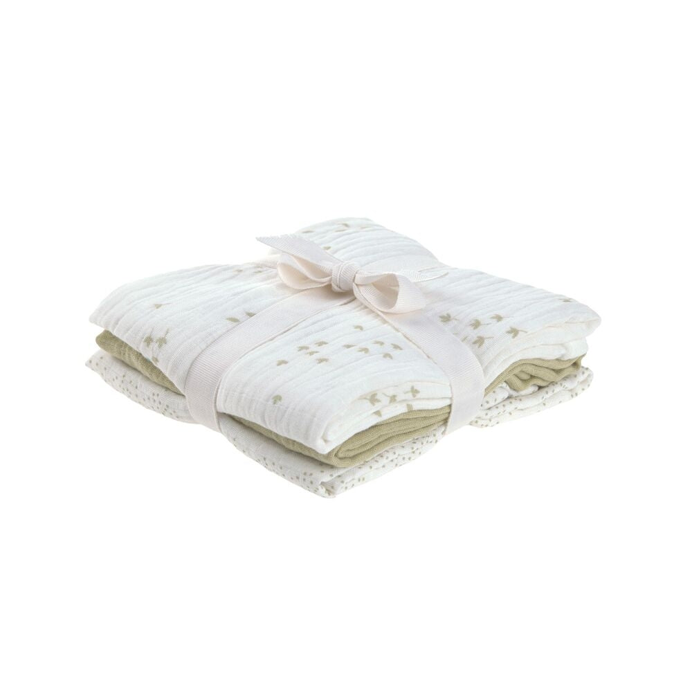 Musselinkluter 3-pack 60x60 cm økologisk bomull oliven pakket
