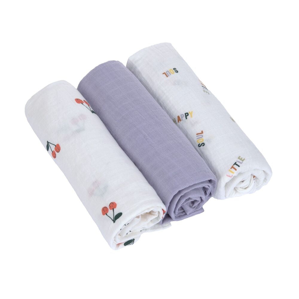 Musselinkluter 3-pack 85x85 cm økologisk bomull kirsebær - forfra
