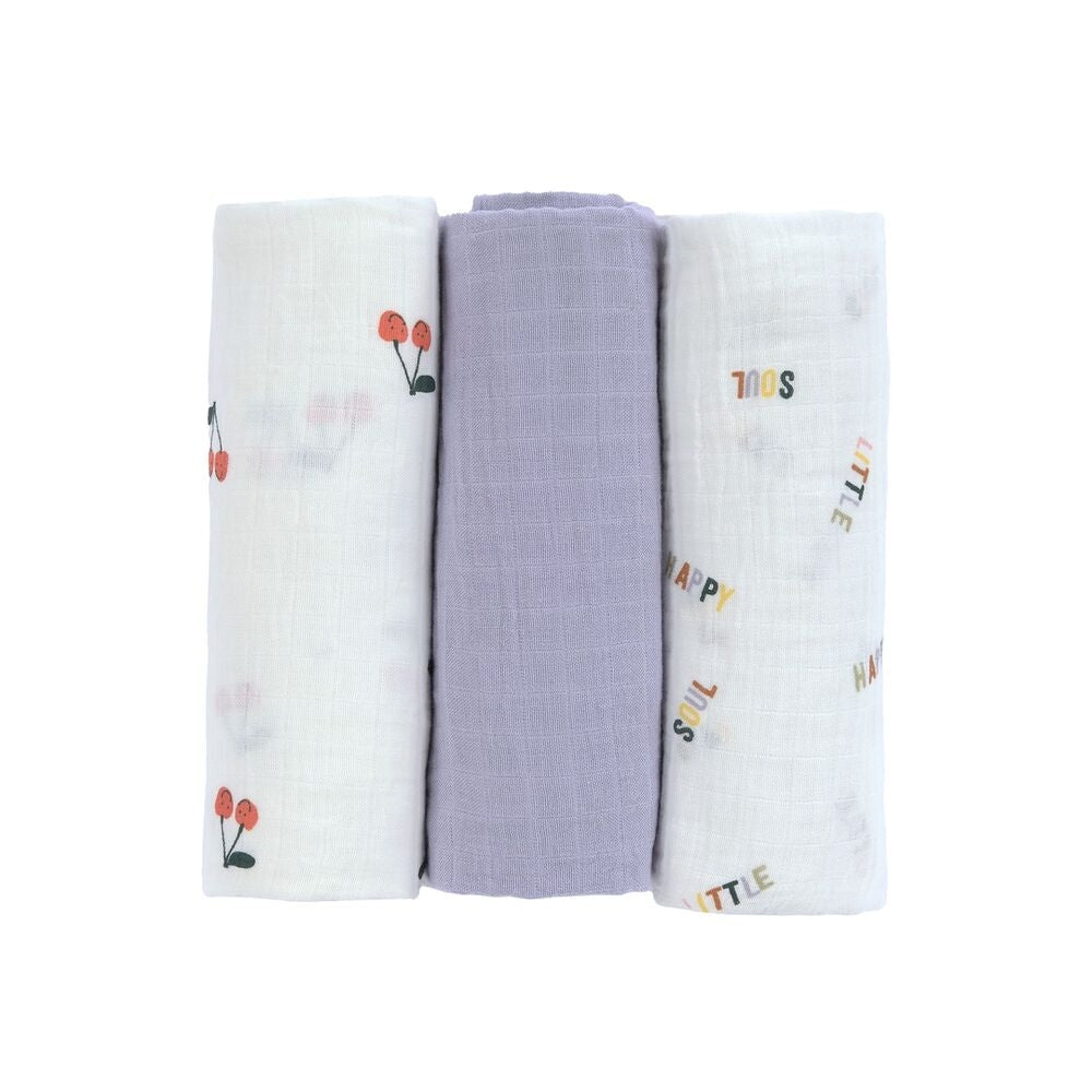 Musselinkluter 3-pack 85x85 cm økologisk bomull kirsebær - i bruk som spyttklut
