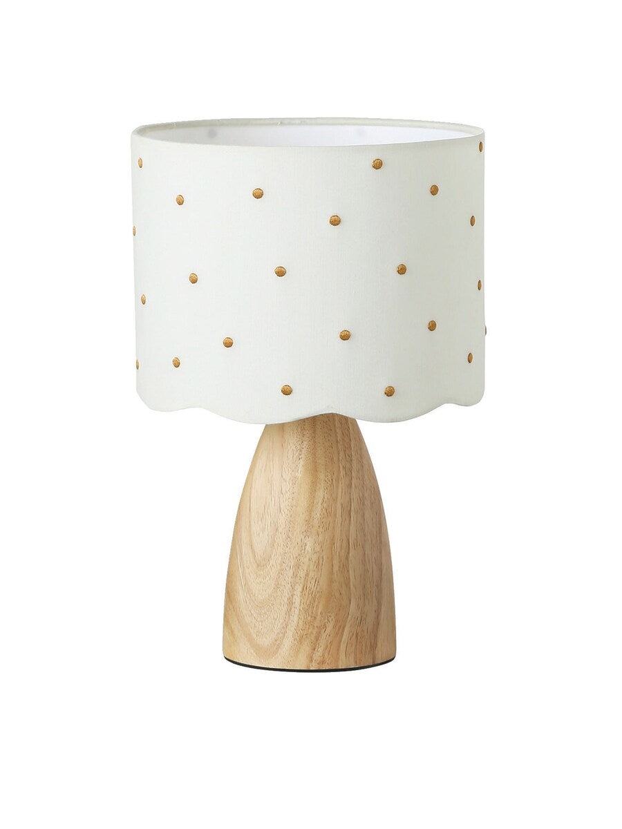 Nattbordslampe med prikkbroderi og trefot 30 cm forfra