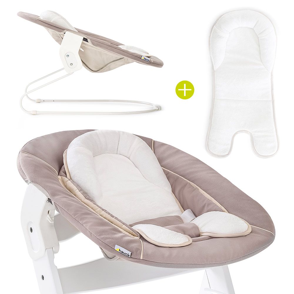 Nyfødtinnsats & vippestol til Alpha barnestol 2in1 beige forfra