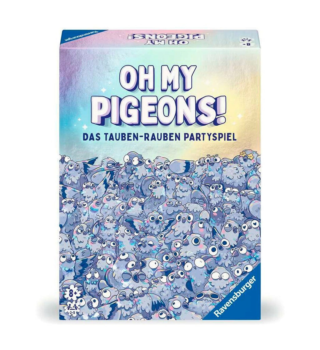 Oh my Pigeons partyspill forfra med kort og taubeminiaturer