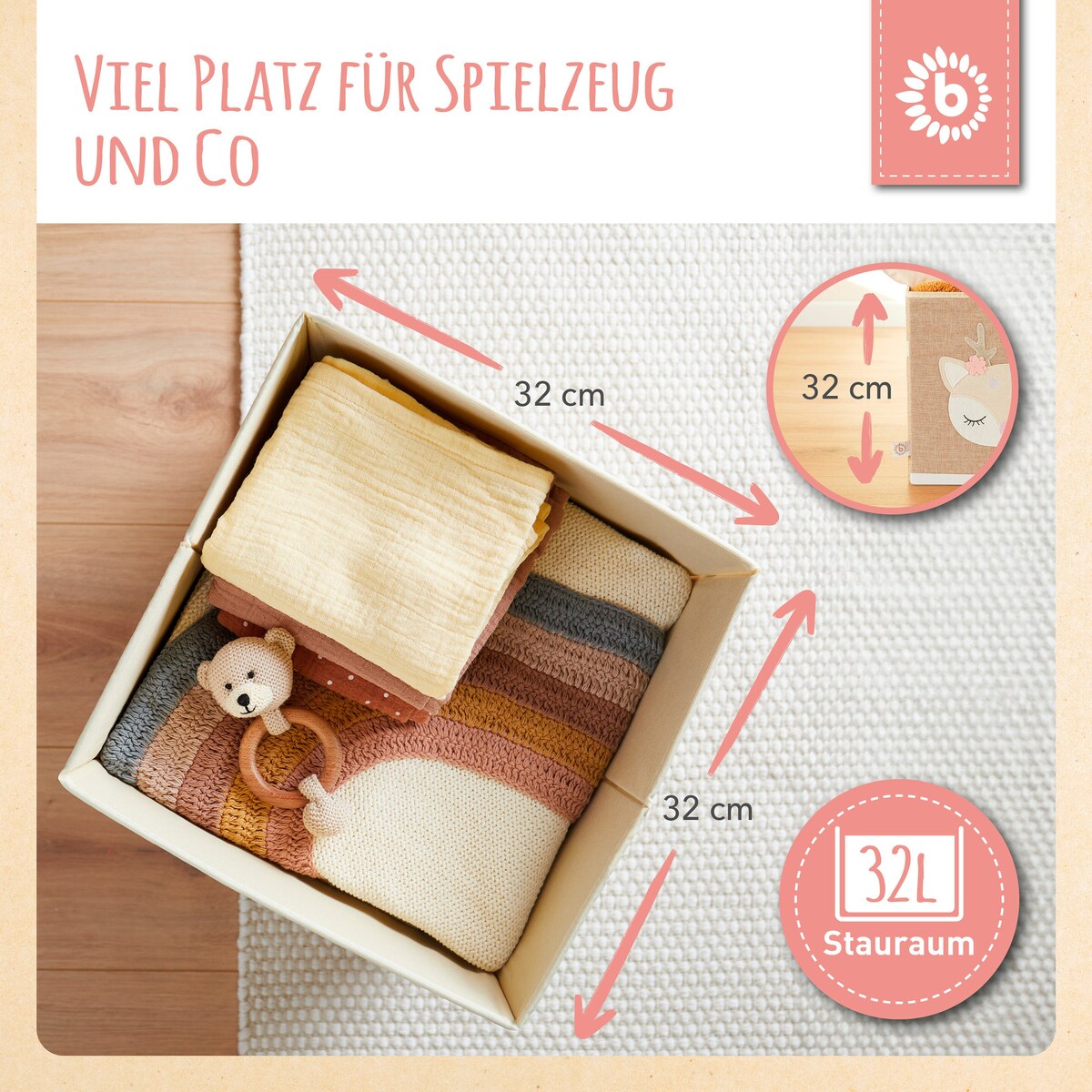 Oppbevaringsboks for barn Reh Ella 33x33x33 cm detalj av rehmotiv