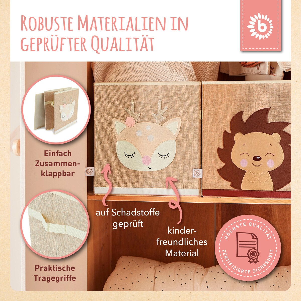 Oppbevaringsboks for barn Reh Ella 33x33x33 cm montert i hylle