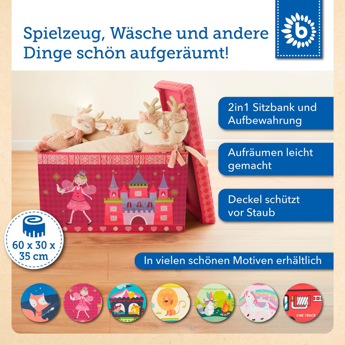 Oppbevaringsboks med lokk for barn prinsesse 60x30x36 cm bakside