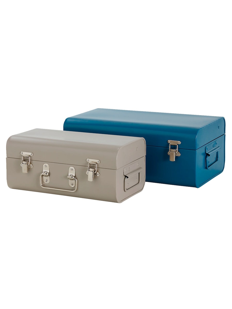 Oppbevaringskofferter 2-pk i metall vintage-stil forfra
