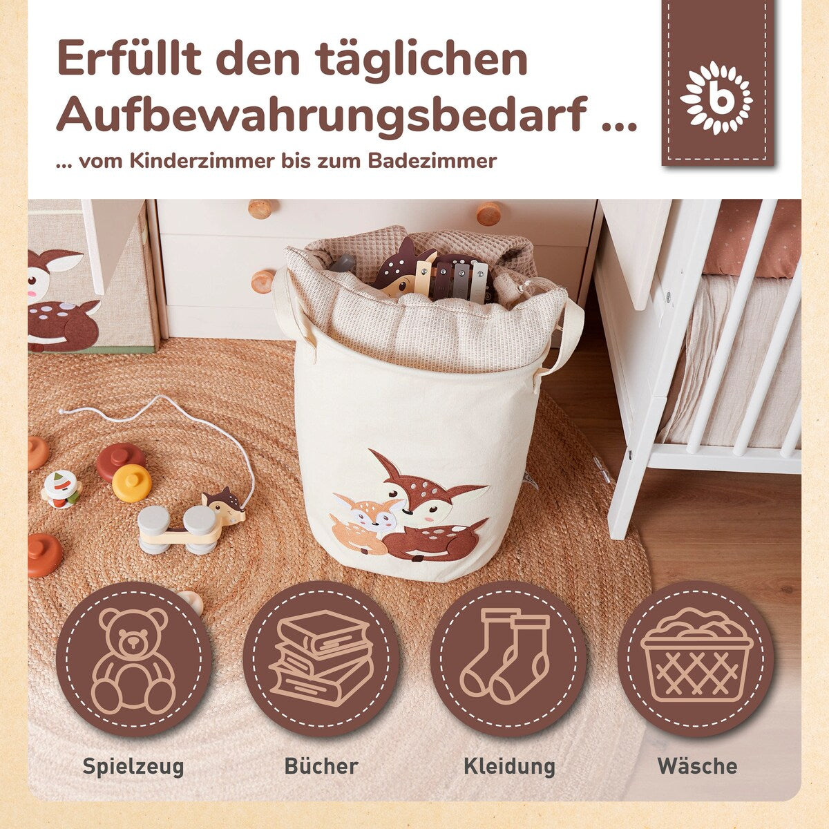 Oppbevaringskurv for barn med rådyrmotiv canvas sett ovenfra