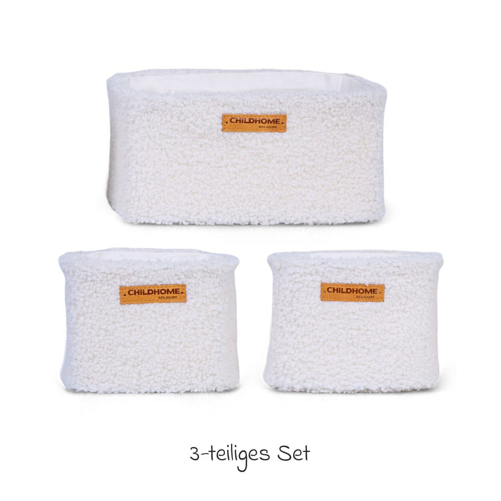 Oppbevaringskurver 3-pk i teddystoff med kroker, offwhite bakside med kroker