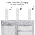 Detalj av oppbevaringslomme til alle babybay sidesenger perlegrå materiale