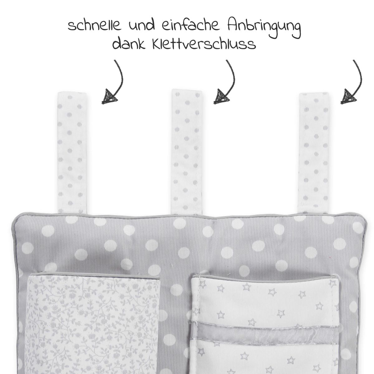 Detalj av oppbevaringslomme til alle babybay sidesenger perlegrå materiale