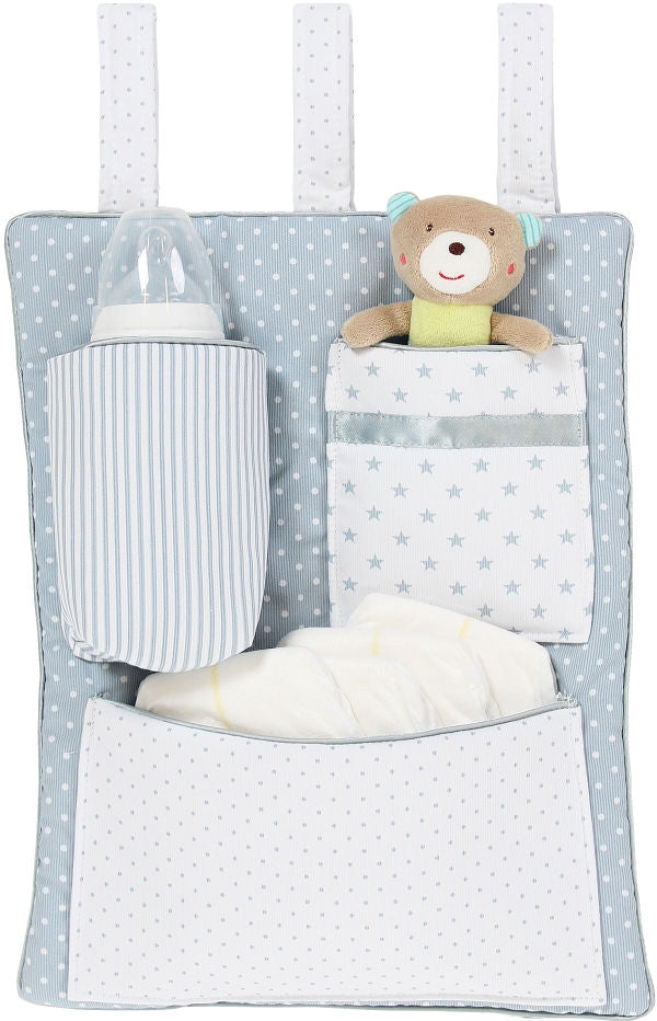 Bakside av oppbevaringslomme blå med borrelås Øko-Tex for babybay
