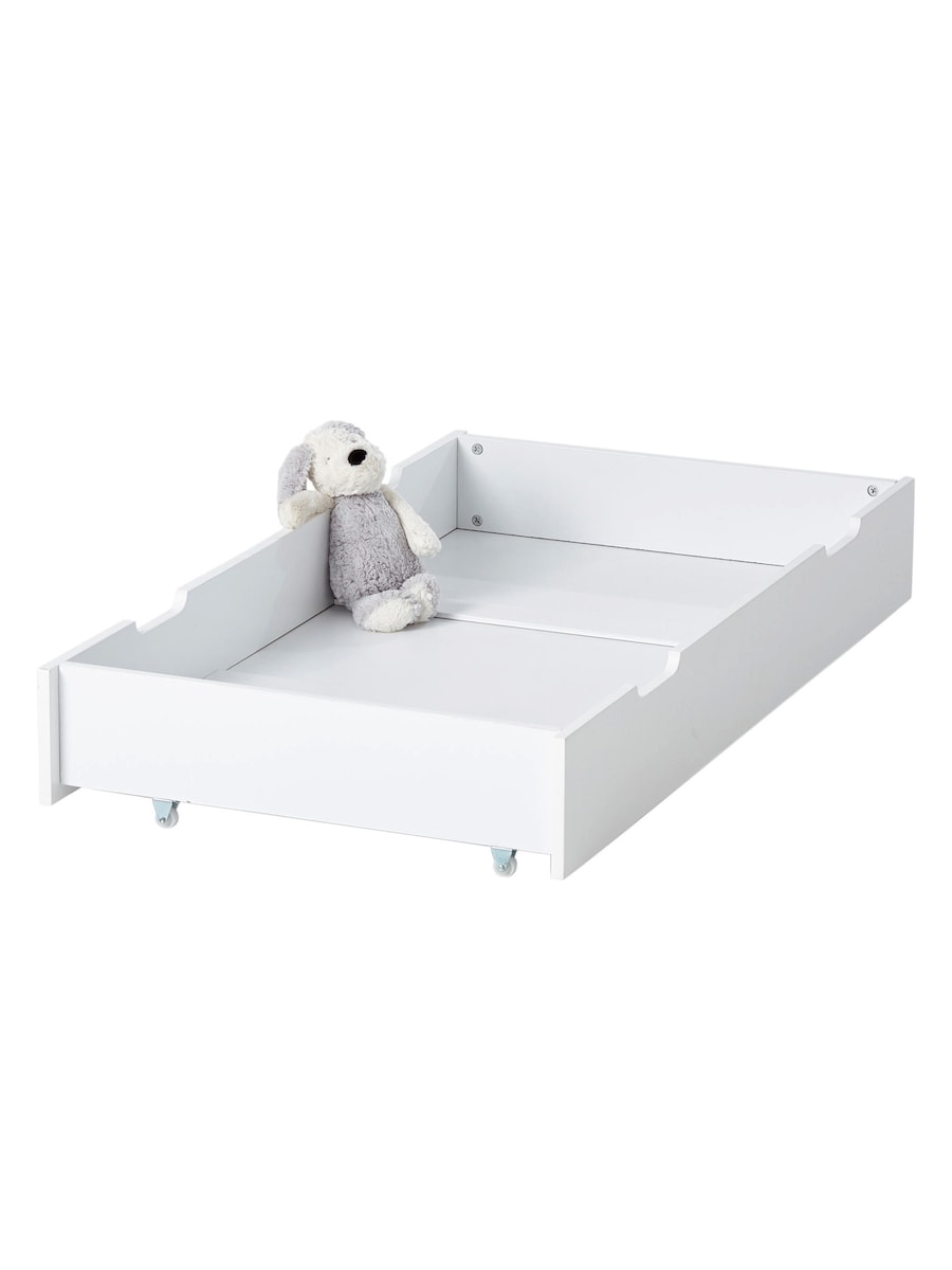Detalj av oppbevaringsskuff for babyseng MDF hvit