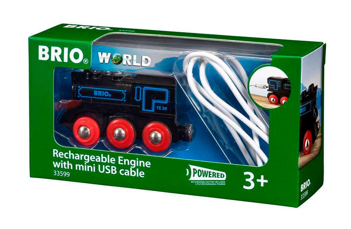 Oppladbart lokomotiv svart med mini-USB-kabel montert på BRIO skinner
