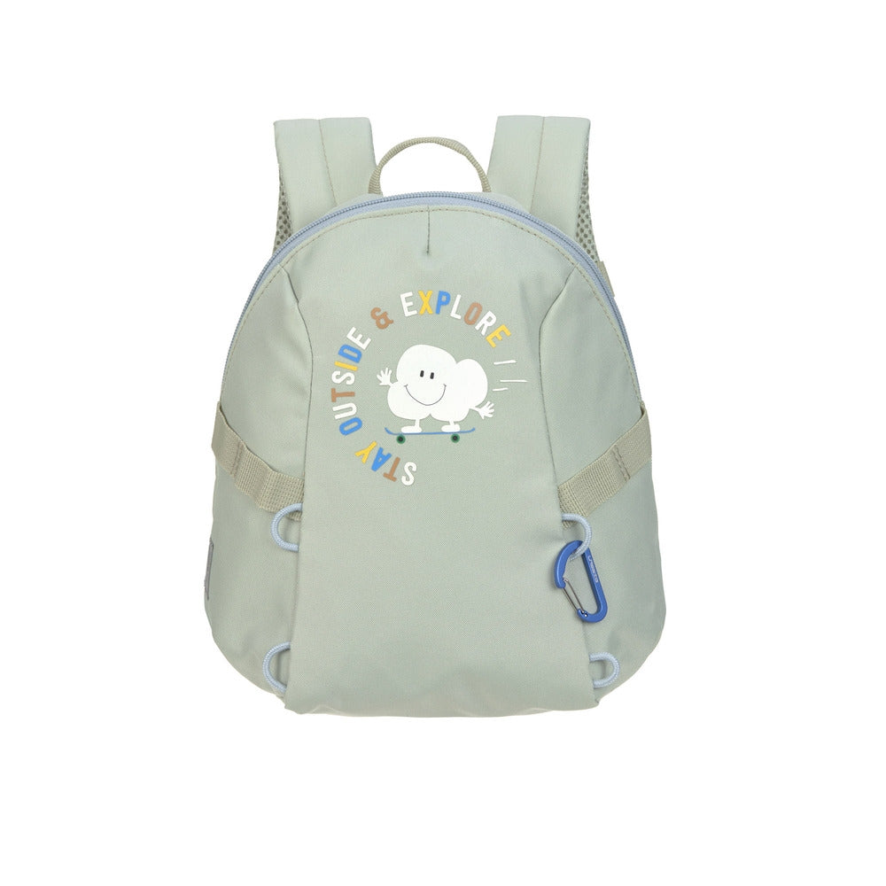 Outdoor barnehagsekk Cloud lys khaki med bryststropp forfra