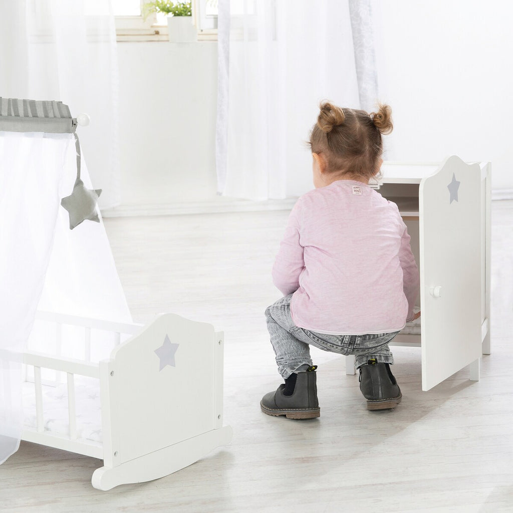 Oversikt over Dukkegarderobe Stella hvit med stjerne og kleshenger
