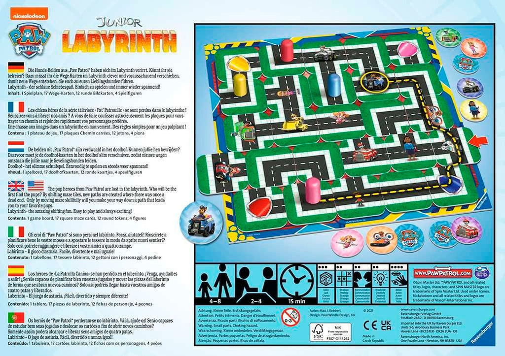 Bakside av Paw Patrol Junior Labyrinth brettspill med instruksjoner