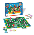 Detalj av labyrintkort og trefigurer i Paw Patrol Junior Labyrinth brettspill