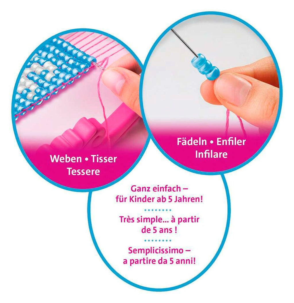 Nærbilde av nål og garn i Perlearmbånd hobbysett med veveramme fra 5 år