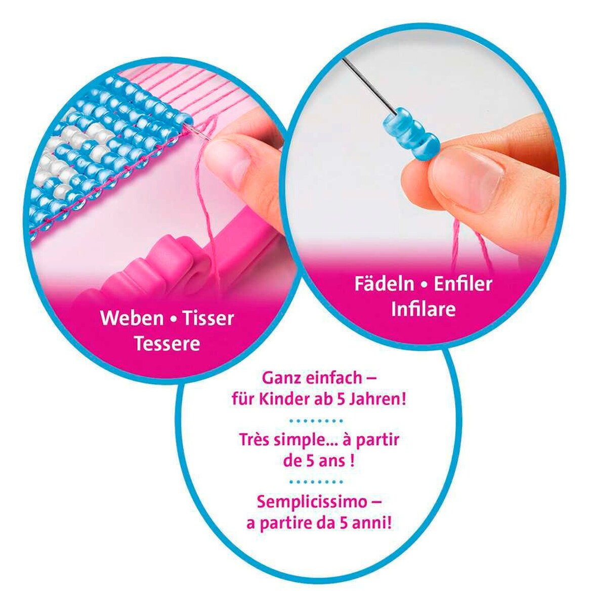Nærbilde av nål og garn i Perlearmbånd hobbysett med veveramme fra 5 år