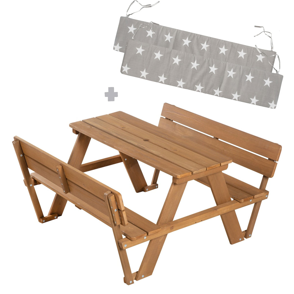 Piknikbord for barn 'Picknick for 4' forfra med ryggstøtte og puter