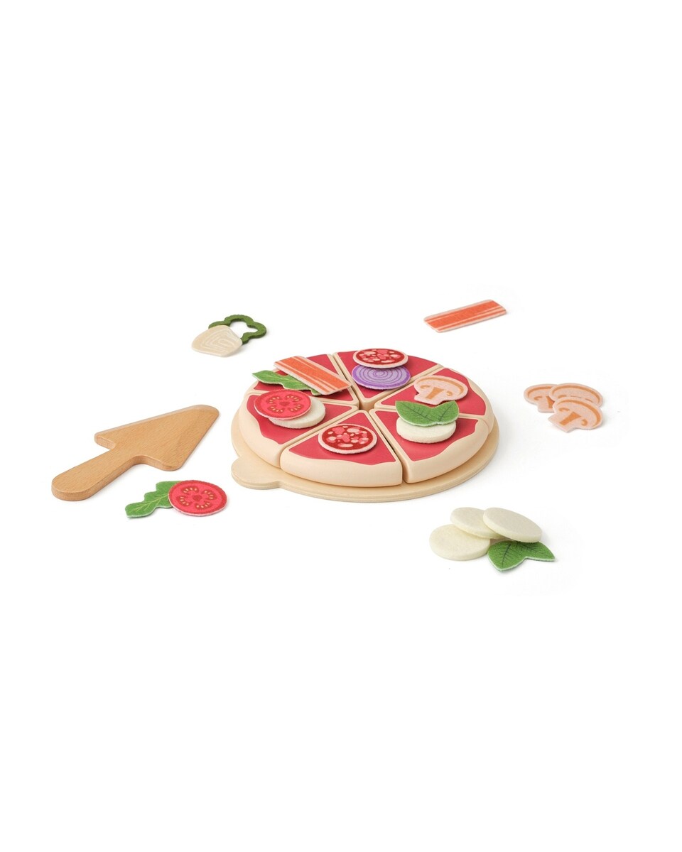 Pizzasett i tre med 22 tilbehør i filt 18 cm forfra