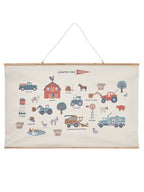 Plakat med gårdskjøretøy til barnerom 110 x 70 cm forfra