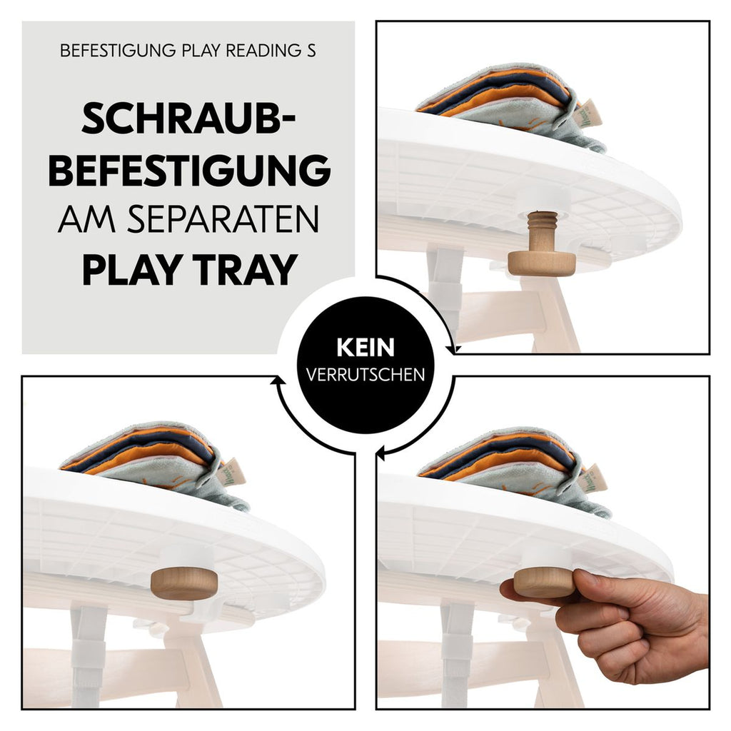 Play Tray følebok i FSC-tre til barnestol Alpha+ og Arketa sett fra siden