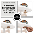 Play Tray følebok i FSC-tre til barnestol Alpha+ og Arketa sett fra siden
