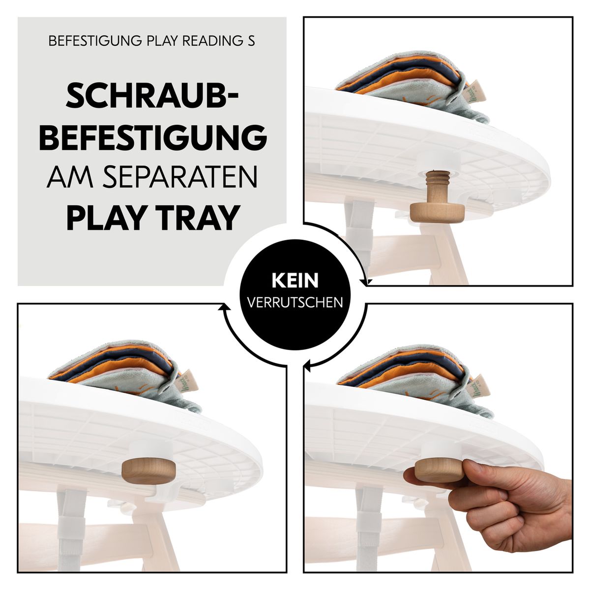 Play Tray følebok i FSC-tre til barnestol Alpha+ og Arketa sett fra siden