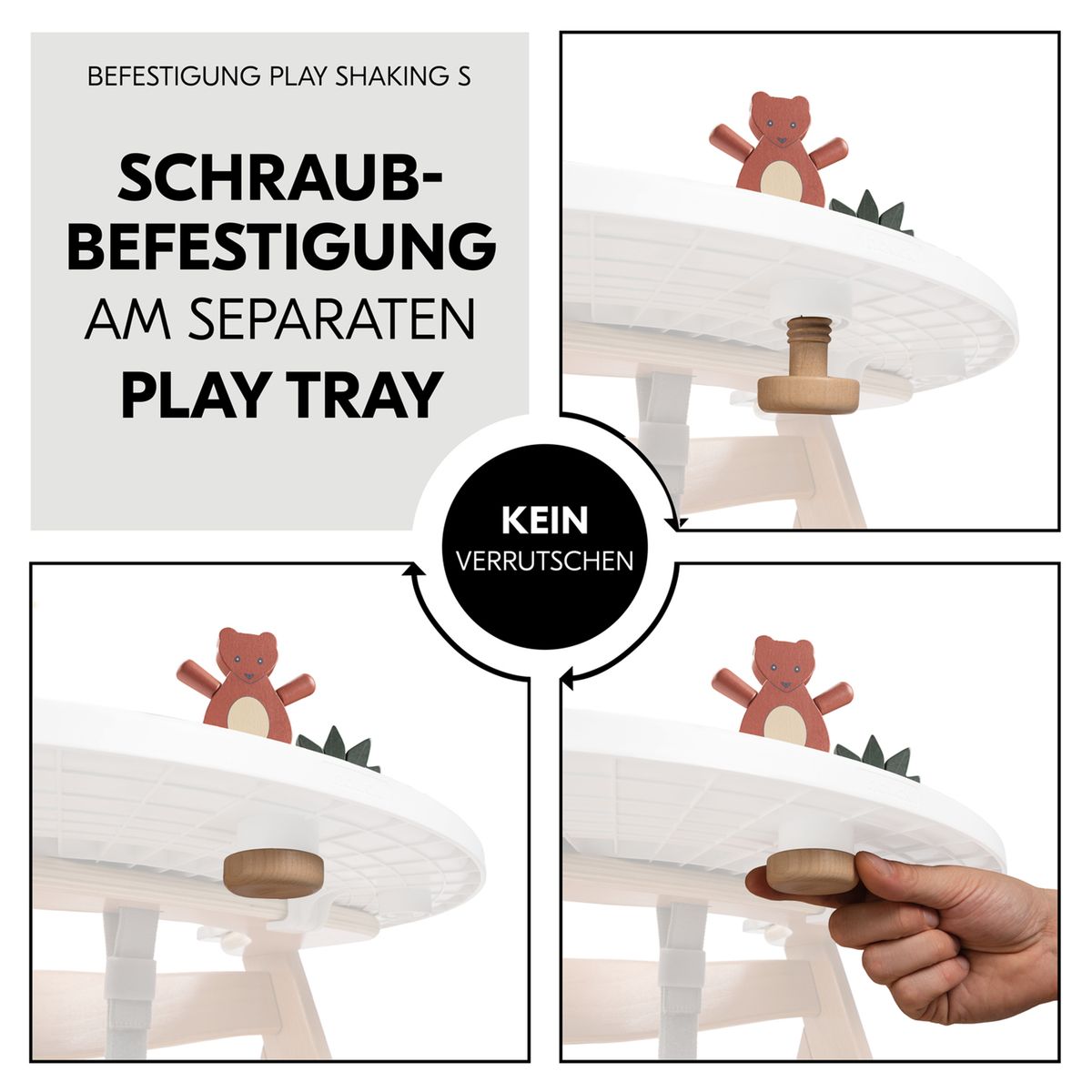 Nærbilde av Play Tray leketillegg Shaking bjørn i FSC-tre