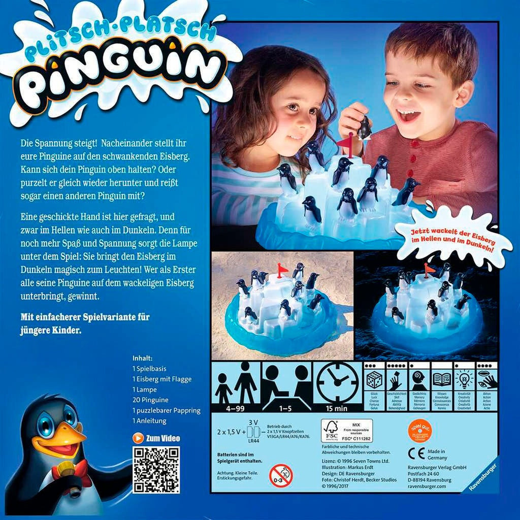Plitsch-Platsch Pinguin balanseringsspill bakside med spillbase