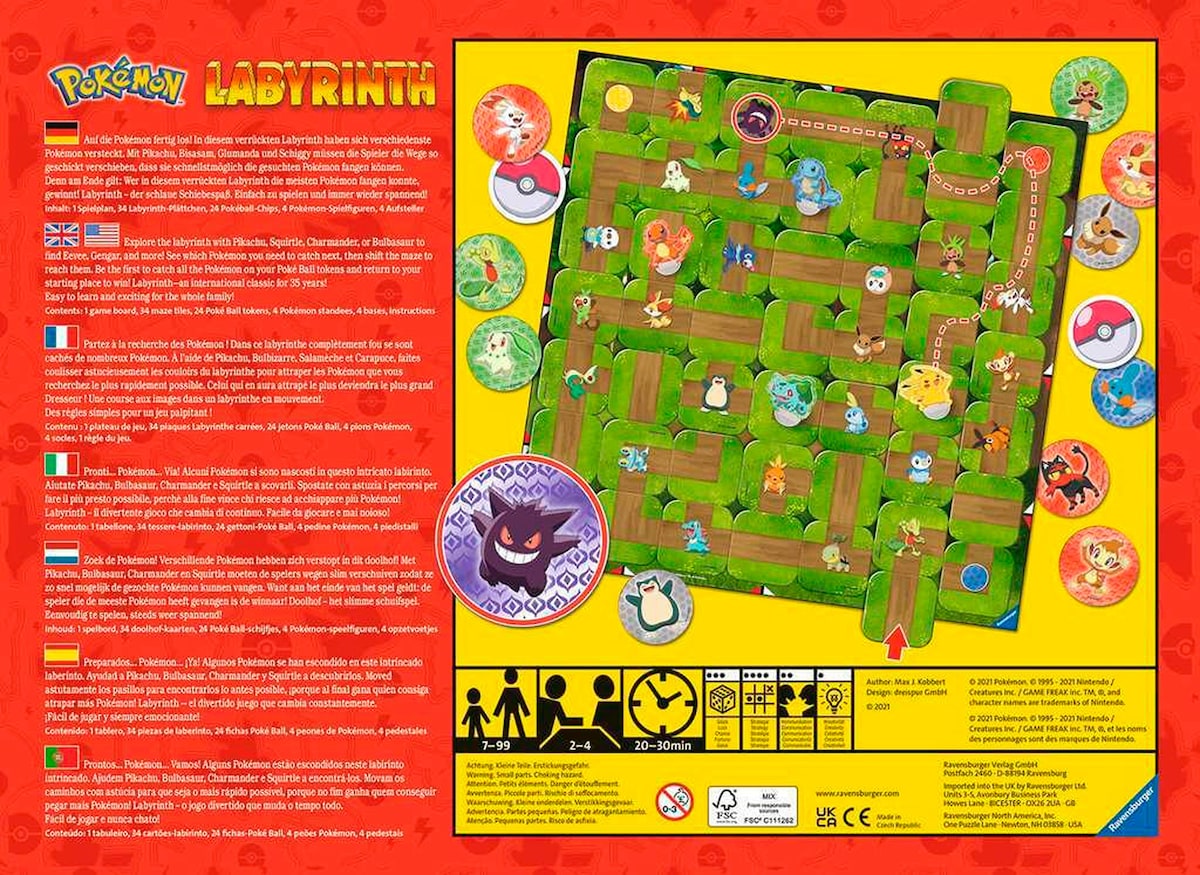 Bakside av Pokémon Labyrinth brettspill med instrukser