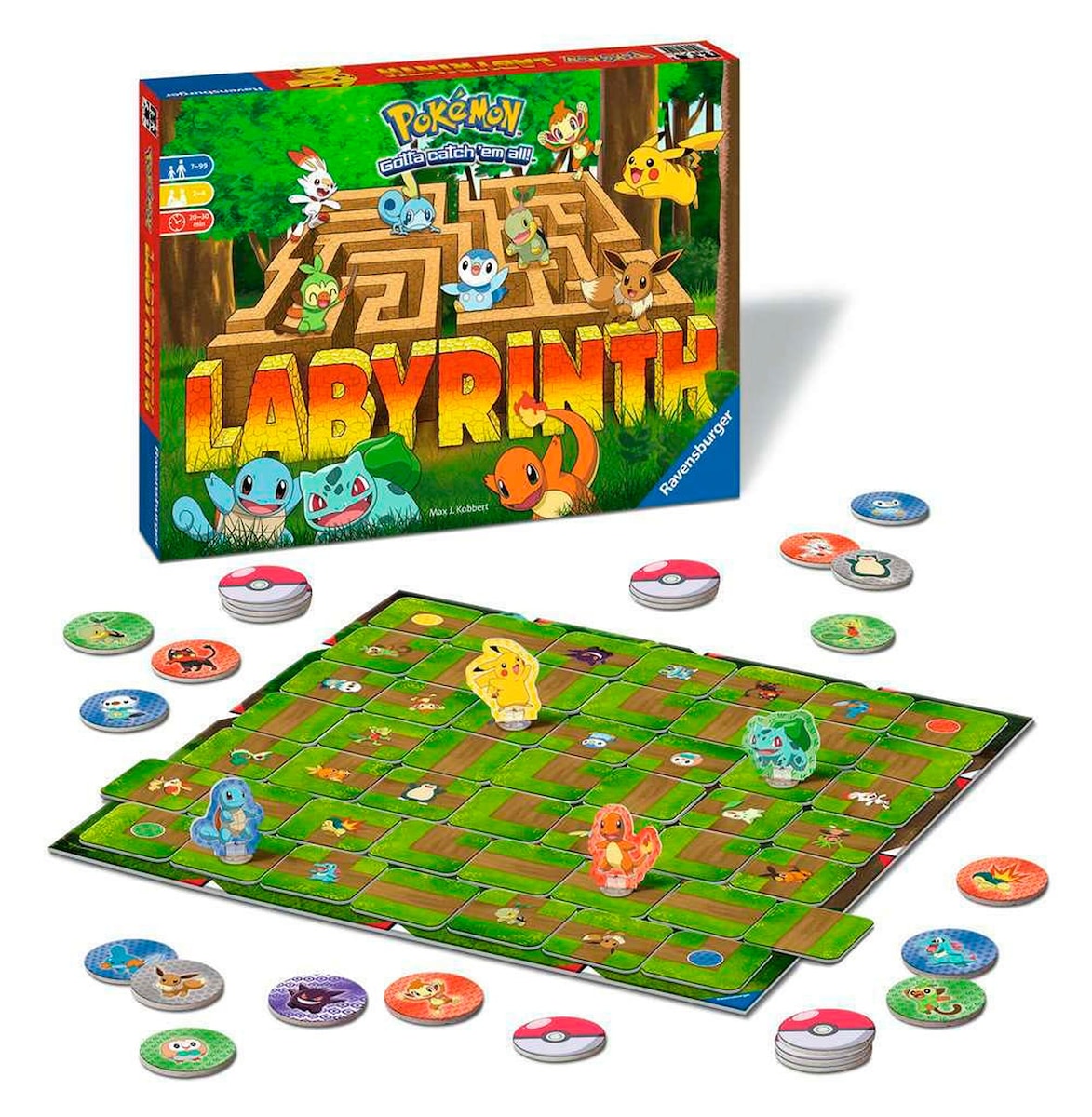 Detaljbilde av Pokémon Labyrinth brettspill med Poké Ball-brikker