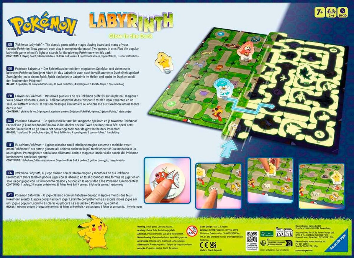 Bakside av Pokémon Labyrinth Glow in the Dark brettspill med spilldetaljer