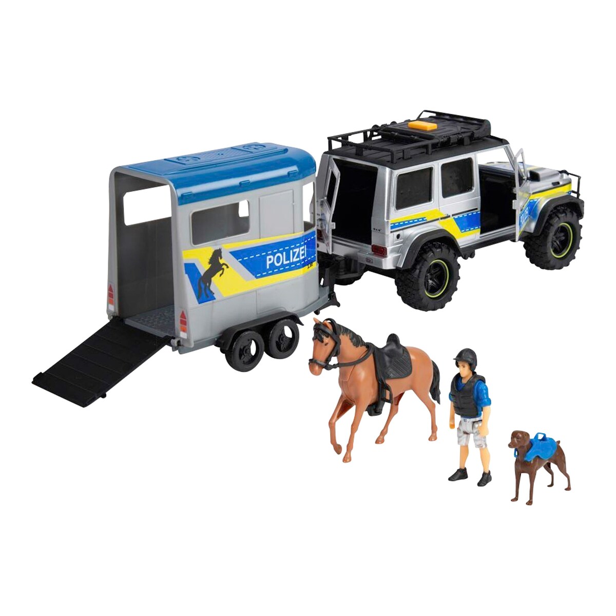 Detalj av Politibil med hestetrailer 40 cm 1:24 dører