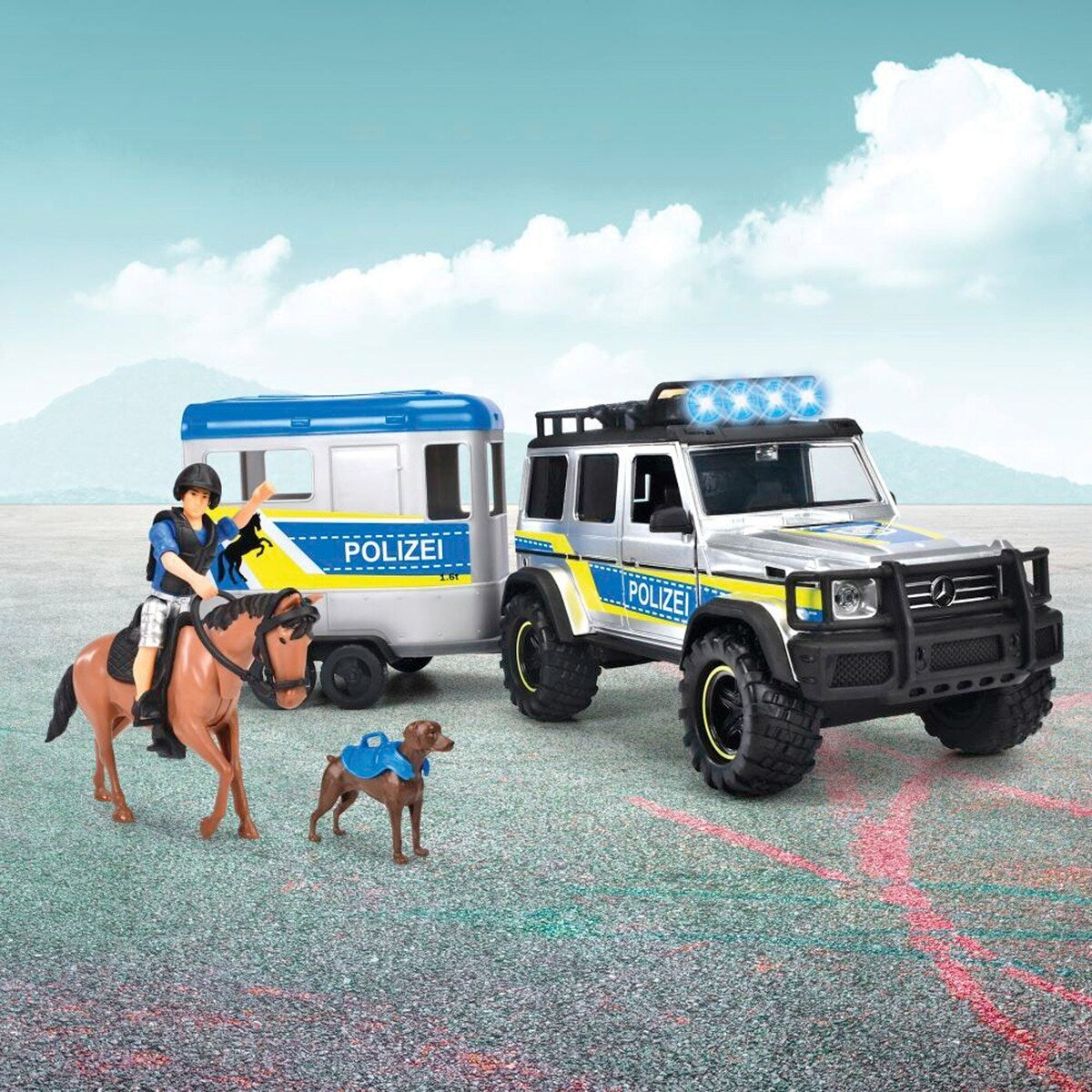 Politibil med hestetrailer 40 cm 1:24 montert med figur