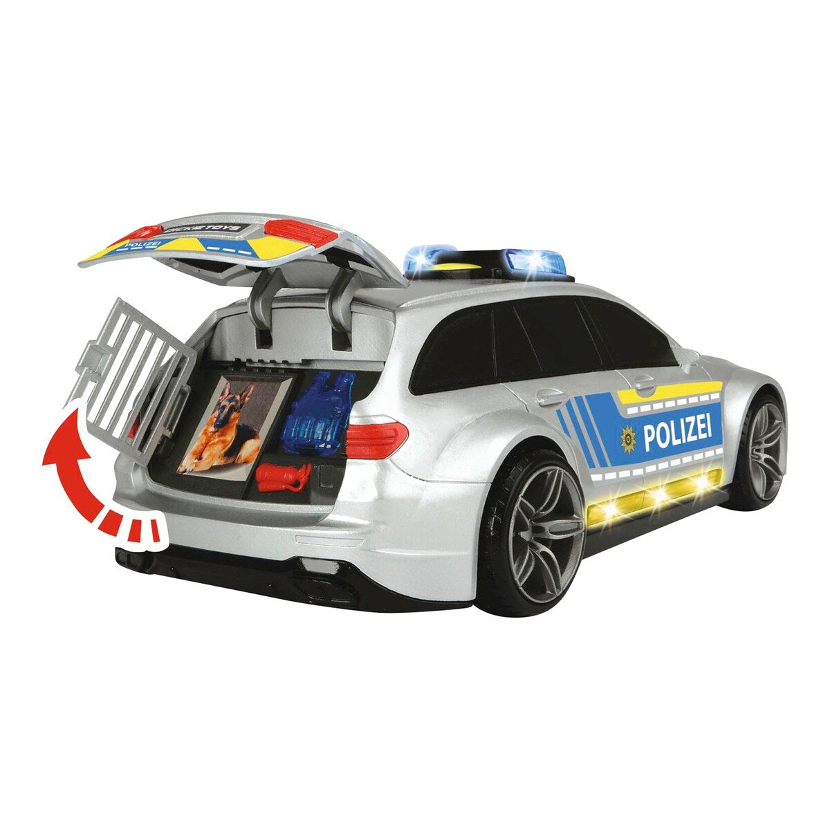 Politibil Mercedes Benz E43 AMG bakside med åpen bakluke