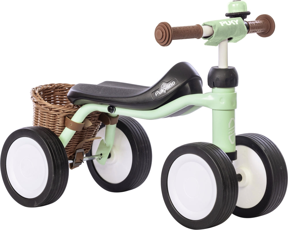 PUKYlino gåbil bundle pastel green forfra med bjelle og kurv