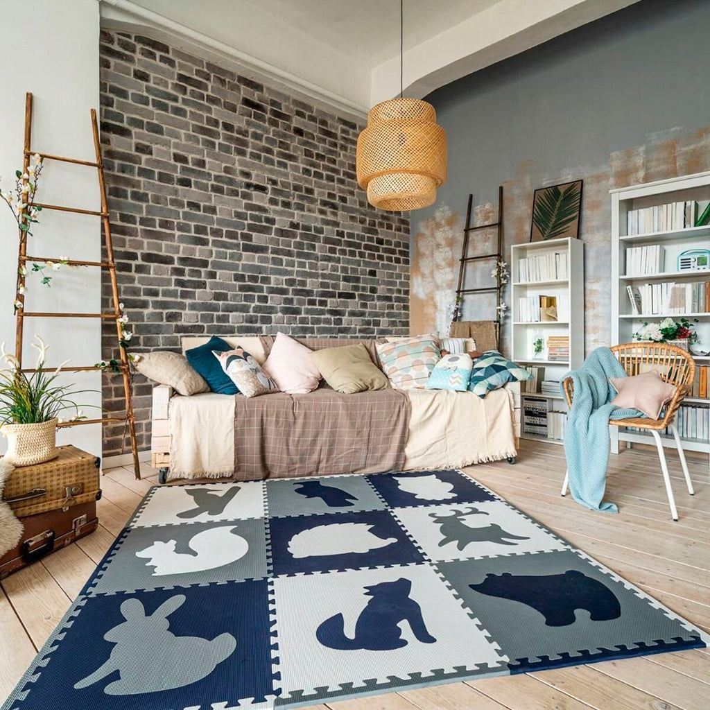 Puslematte XXL skogdyr 180x180 cm detalj av skogdyrmotiv